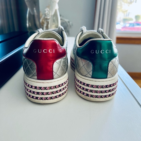 Gucci Silver Quilted Leather Bee Web Ace Crystal Embellished Platform Sneakers - Picture 6 of 16